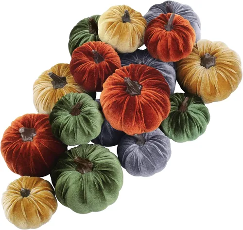 Miniatura 13 de Winlyn Juego de 16 calabazas de terciopelo sintético surtidas, decorativas, color verde azulado, verde, gris, marfil, calabazas de espuma de tela