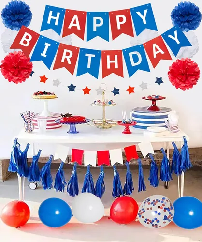 Miniatura 2 de Decoraciones de cumpleaños azules, blancas y rojas, kit de suministros de fiesta patriótica para hombres, mujeres y niños, pancarta de feliz