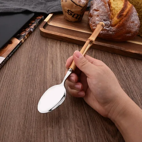 Miniatura 5 de Juego de cubiertos con mango de bambú, juego de cubiertos de 24 piezas para 6, cubiertos de acero inoxidable, incluye tenedores, cucharas