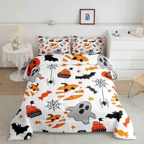 Miniatura 34 de Erosebridal Juego de ropa de cama de murciélago de Halloween, tamaño individual, juego de edredón de estrellas con purpurina y galaxia para niños
