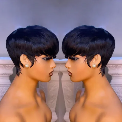 Miniatura 11 de PangDongLai Pelucas de cabello humano con corte Pixie para mujeres negras, pelucas de corte Pixie en capas con flequillo, sin pegamento, cabello