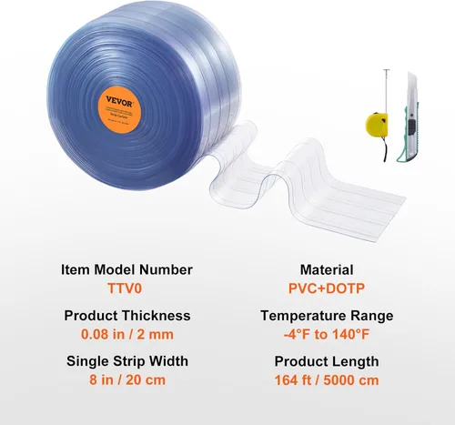 Miniatura 7 de VEVOR Tira de cortina, rollo a granel de 50 m de largo x 20 cm de ancho x 0,20 cm de grosor, tira de cortina de PVC acanalado transparente