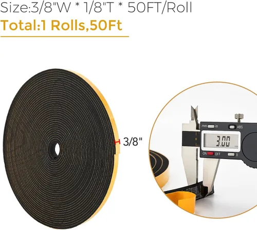 Miniatura 3 de 50 pies de burlete para puerta, tira adhesiva de cinta de espuma de alta densidad de 3/8" de ancho x 1/8" de grosor para sellado de puerta para Negro