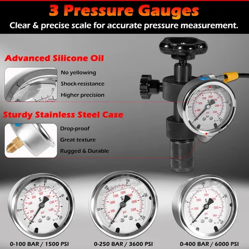 Miniatura 2 de Sistema de carga de nitrógeno del acumulador hidráulico GK-01 con 7 acoplamientos, 3 medidores de presión, 1 manguera de gas y 1 cuerpo de válvula