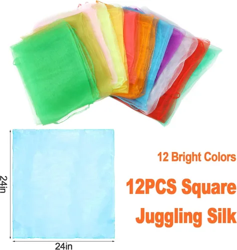 Miniatura 3 de KIMOBER 12 bufandas cuadradas de baile, 12 colores malabares de seda, trucos de magia de música, accesorios para niños pequeños (24 x 24 pulgadas)