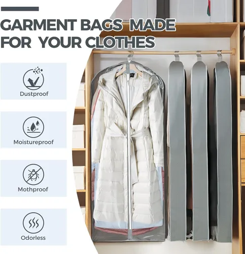 Miniatura 4 de Paquete de 2 bolsas transparentes de 60 pulgadas para colgar ropa, bolsas de traje para almacenamiento de armario, almacenamiento de ropa, bolsas