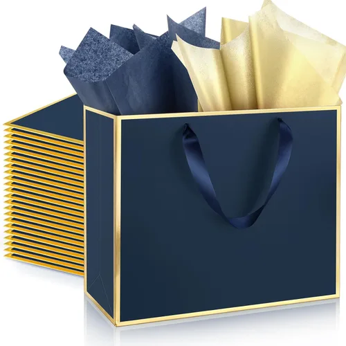 Miniatura 27 de ReliThick Paquete de 12 bolsas de regalo de papel metálico con asas y papel de seda de 11.8 x 10 x 4 pulgadas, bolsa de agradecimiento para Azul