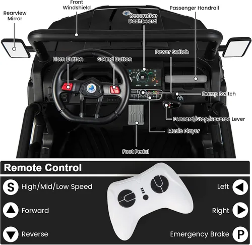 Miniatura 5 de Costzon Camión volquete con control remoto, UTV eléctrico de 12 V para niños con cama volquete eléctrica, función de balanceo, pala, 4 suspensiones