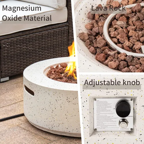Miniatura 2 de SUNBURY Mesa redonda para fogata de propano de 28 pulgadas, mesa redonda con tanque de 40.000 BTU, mesa de gas blanca manchada para patio