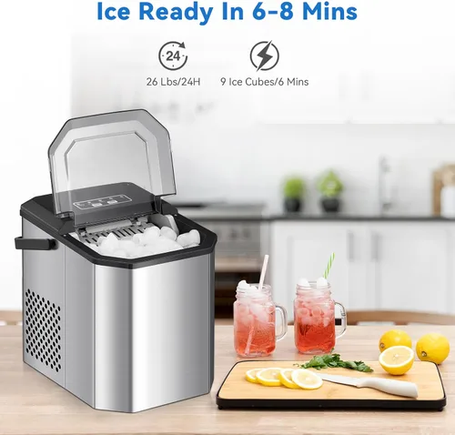 Miniatura 3 de Máquina de hielo para encimera, 26 libras en 24 horas, 9 cubos de hielo de bala listos en 6 minutos, máquina de hielo portátil con asa, 2 tamaños