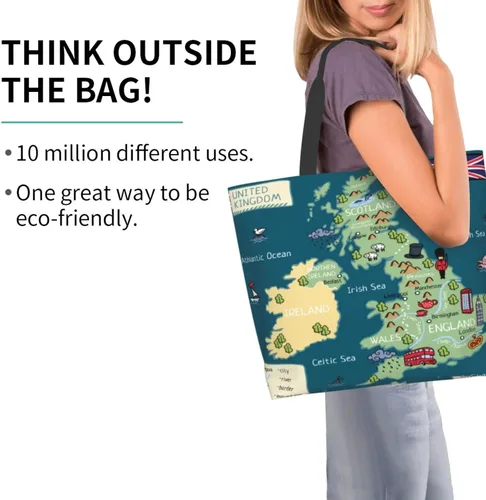 Miniatura 4 de Divertido bolso de mano de dibujos animados del Reino Unido con mapa, grande, casual, para mujer, bolsas de hombro reutilizables para el trabajo
