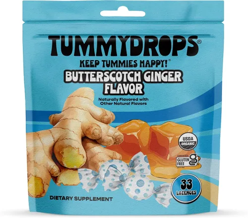 Tummydropch orgánico USDA sabor jengibre Butterscotch Tummydrops, sin gluten y vegano, 33 gotas | Gluten Free, Vegan