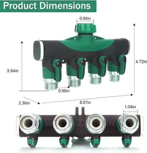 Miniatura 7 de Divisor de manguera de jardín de 4 vías – 3/4 pulgadas resistente de metal para grifo de agua con válvulas de cierre, conectores de manguera a