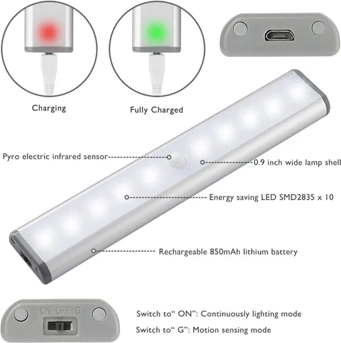 Miniatura 2 de [Versión mejorada] 10 luces LED de armario recargables por USB con sensor de movimiento, 3 modos de luz (G, encendido y apagado), carcasa de Luz