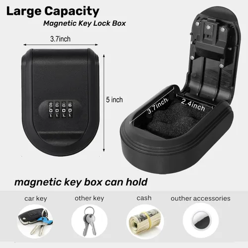 Miniatura 2 de Llavero magnético con cerradura de combinación, caja de llaves magnética impermeable para uso en exteriores, automóvil e interior, imán fuerte negro