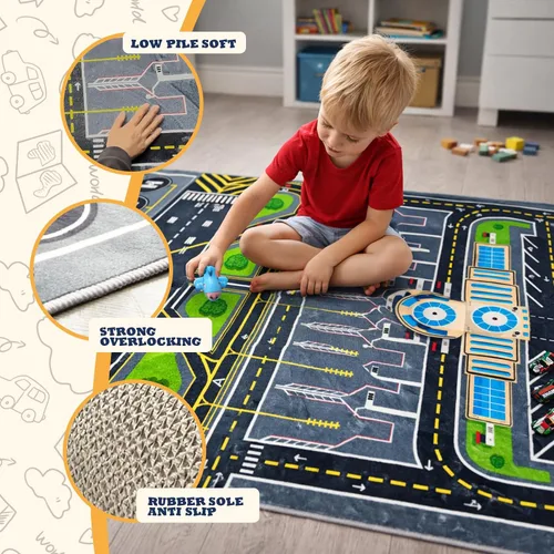 Miniatura 3 de Alfombra de juego para niños, alfombra de 31 x 47 pulgadas, alfombra de aeropuerto, alfombra de aeropuerto con sistema de tráfico urbano y pista