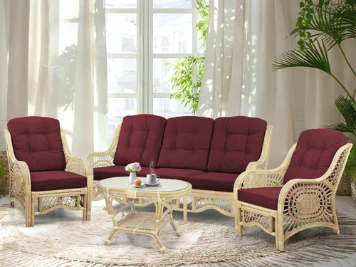 Miniatura 24 de Malibu Lounge Juego de 4: 2 sillas de mimbre de ratán natural, sofá de tres plazas con cojines marrón claro y mesa de centro con vidrio hecho a