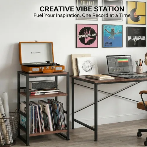 Miniatura 9 de Soporte para tocadiscos, mesa para tocadiscos de 3 niveles con almacenamiento de vinilo en forma de U hasta 120 álbumes, mesa auxiliar de 28 Cherry