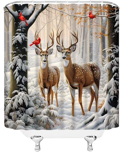 Miniatura 2 de Cortina de ducha de invierno, naturaleza, bosque, nevado, ciervo, vida silvestre, caza, campo, Navidad, paisaje, decoración de baño, cortinas