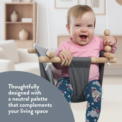 Miniatura 5 de Monkey & Mouse Columpio para bebé, silla colgante portátil para interiores y exteriores, color amarillo pálido, para bebés y niños pequeños de 6