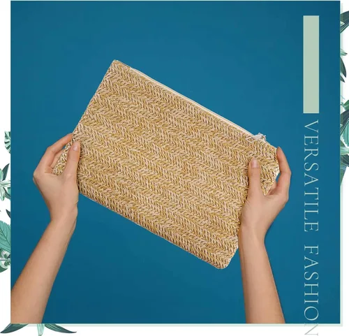 Miniatura 5 de Bolsa de mano de paja para mujer, 6 piezas, estilo bohemio, para verano, playa, bolso de paja tejido hawaiano, bolsos de paja para mujer, bolsos