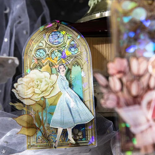 Miniatura 4 de Adhesivos de marco de ventana con flores esmaltadas, 60 piezas de pegatinas holográficas brillantes transparentes de PET para álbum de recortes DIY