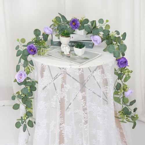 Miniatura 13 de TOCHGREEN Paquete de 2 Guirnaldas de Flores de Eucalipto Artificial de 12 Pies con Rosas Champán, Guirnalda de Flores de Rosa Falsa Verdor