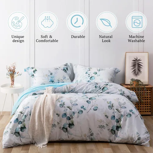 Miniatura 2 de MILDLY Juego de funda de edredón 100% algodón de fibra larga, estampado de hojas en degradado azul bebé y verde, funda de edredón impresa 3 piezas