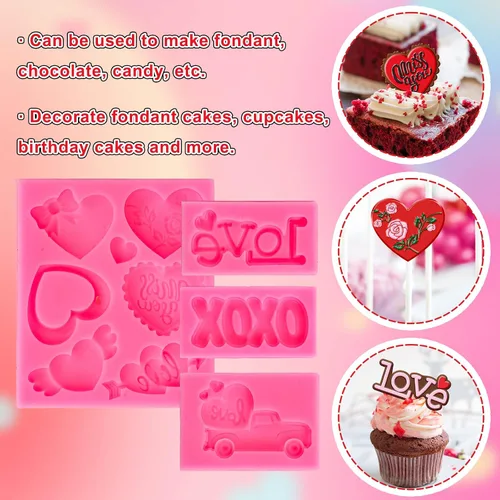 Miniatura 4 de Whaline 4 moldes de fondant para el día de San Valentín, patrón de camión de rosas con forma de corazón, rosa, molde de silicona 3D, molde de resina