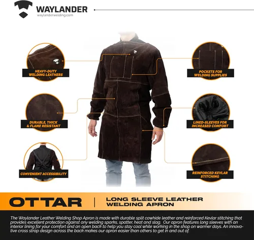 Miniatura 2 de Waylander OTTAR - Delantal de soldadura de cuero resistente con mangas largas, protección resistente al fuego para soldadores, herreros
