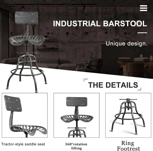 Miniatura 9 de Taburete de bar industrial, silla de tractor, silla de montar de granja, respaldo, encimera, altura ajustable, taburete de bar de hierro fundido