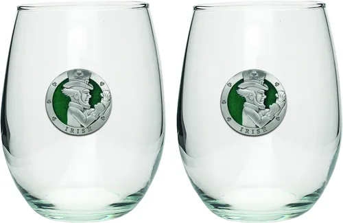 Heritage Pewter Irish Fighter - Copas de vidrio sin tallo, juego de 2, copas de vino de copa de 15 onzas, vidrio de peltre elaborado por expertos