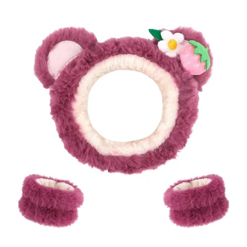 Miniatura 10 de CAVETEE Diadema, juego de 3 piezas de diadema y pulsera de oso de peluche rosa esponjoso para maquillaje para mujeres, juego de diadema y pulsera