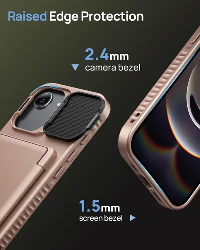 Miniatura 7 de Funda para iPhone 16e con Tarjetero y Cubierta de Lente de Cámara con Soporte, Protección contra Caídas de Grado Militar a Prueba de Golpes Oro rosa