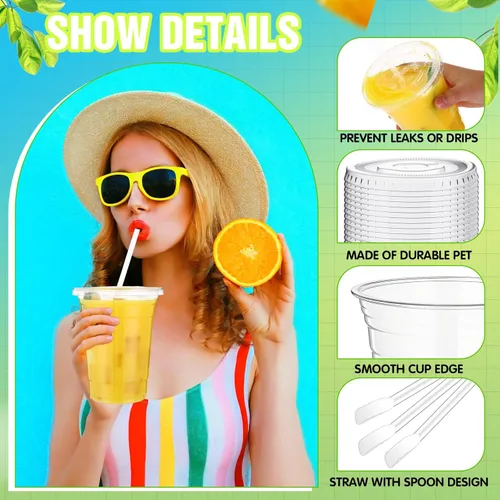 Miniatura 3 de Eaasty Juego de 150 vasos de plástico transparente de 16 onzas con cuchara, pajitas y tapas planas, desechables, para café helado, postre, yogur