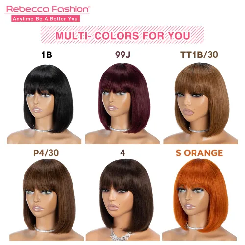 Miniatura 5 de Rebecca Fashion Peluca de cabello humano castaño con flequillo de 10 pulgadas, pelucas de cabello humano lacio Yaki claro para mujeres negras, sin