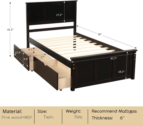 Miniatura 2 de Bellemave Cama individual con cajones, plataforma de madera con cabecero y estribo, cama capitán de madera para niños, niñas, niños, adolescentes