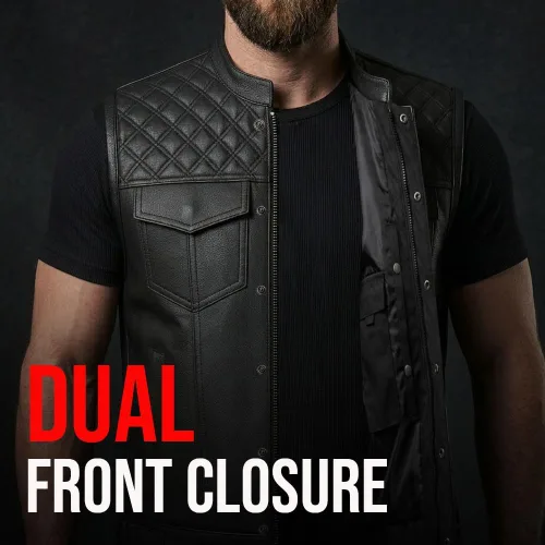 Miniatura 7 de Jackets 4 Bikes SOA Chaleco de Motocicleta para Hombre, Cuero Genuino de Búfalo, Armadura Trasera, Bolsillos Interiores, Chalecos de Club de Negro