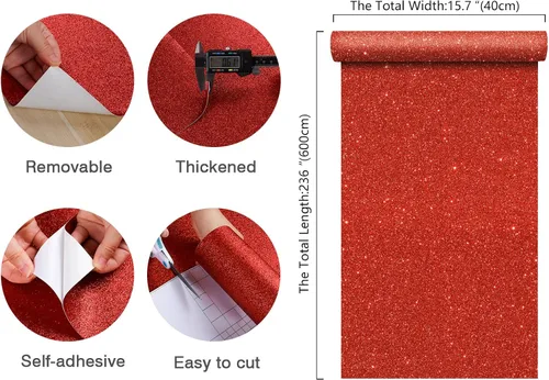 Miniatura 9 de CHIHUT Papel Tapiz con Purpurina Roja Brillante de 15.7''x236'' Adhesivo y Despegable para Paredes de Dormitorio Autoadhesivo Removible Papel de Rojo