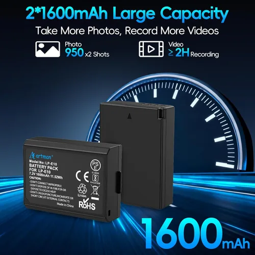 Miniatura 3 de Artman LP-E10 - Paquete de 2 baterías de 1600 mAh y cargador USB-C dual LCD actualizado para Canon LP E10, EOS Rebel T3 T5 T6 T7 T100, Kiss X50 X70