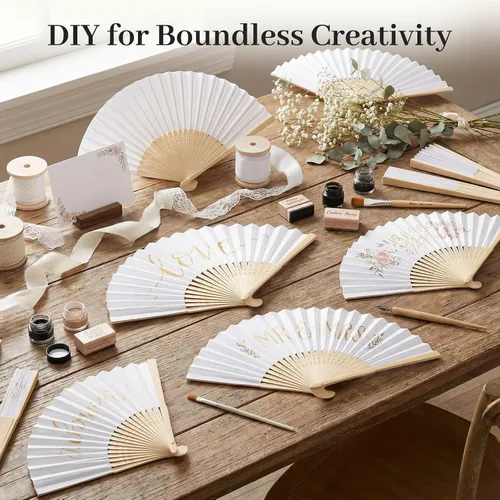 Miniatura 5 de JOHOUSE 28 abanicos de mano plegables de papel blanco de 8.3 pulgadas, ventiladores de mano plegables para mujeres, recuerdos de fiesta de boda