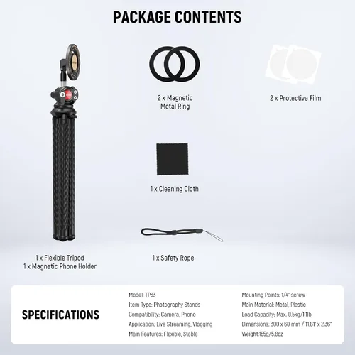 Miniatura 8 de NEEWER Trípode magnético flexible para teléfono compatible con Magsafe iPhone 15 Pro Max 14 Series Android, Mini Vlog Soporte de trípode