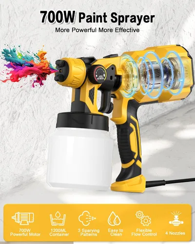 Miniatura 2 de Pulverizador de pintura sin aire de 700 W, pistola de pulverización HVLP con juntas de soplado, 4 boquillas y 3 patrones, recipiente de pintura