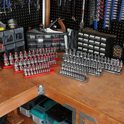 Miniatura 10 de OEMTOOLS 22413 Juego de 6 bandejas de enchufes SAE y métricos, almacenamiento de enchufes SAE y métrico para tamaños de 1/4", 3/8" y 1/2", soportes