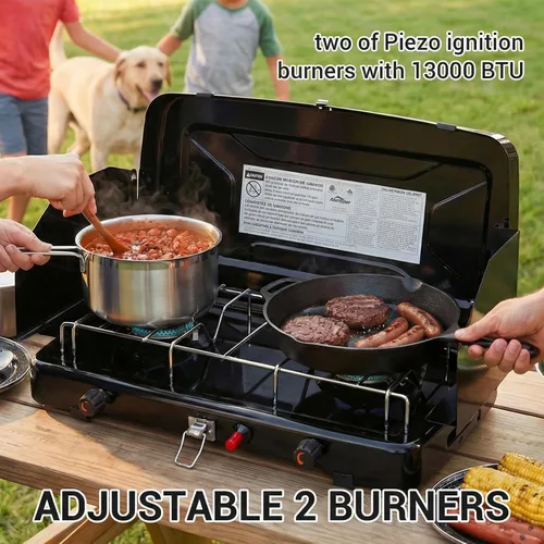 Miniatura 3 de FineFlame Estufa de campamento, estufa de campamento portátil de propano con regulador, encendido instantáneo con botón, quemadores ajustables