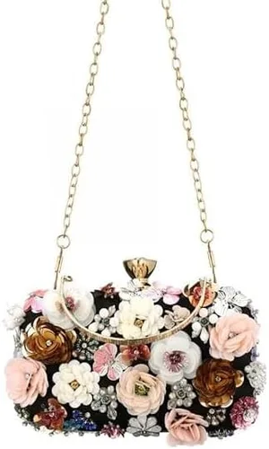 Miniatura 4 de Bolso de noche floral para mujer, bolso de mano con cuentas de flores con correa de cadena, bolsa de hombro para fiesta formal y boda