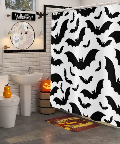 Miniatura 3 de Cortina de ducha de Halloween, con temática de Halloween, diseño de murciélago blanco y negro, decoración de fiesta de Halloween, tela impermeable