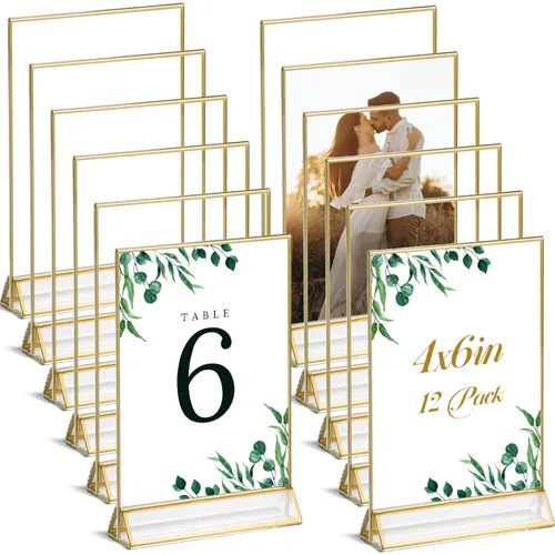 Miniatura 10 de UNIQOOO Soportes acrílicos para letreros con borde dorado, vista de retrato, paquete de 12 unidades, marco transparente de doble cara de 5 x 7