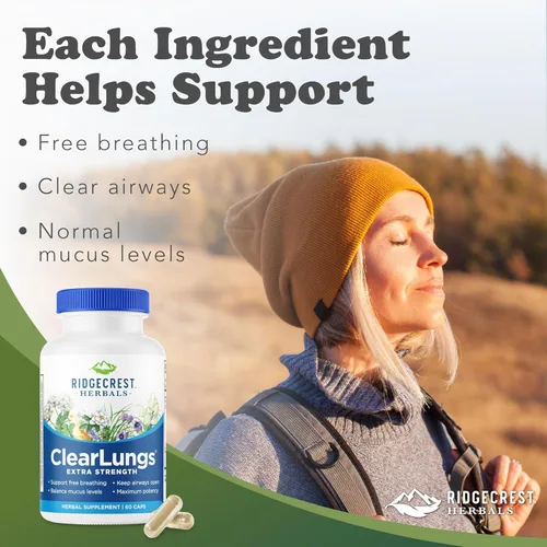 Miniatura 2 de RidgeCrest Herbals ClearLungs Extra Strength, suplemento de salud diaria, fórmula natural de bienestar pulmonar y nasal para apoyo bronquial