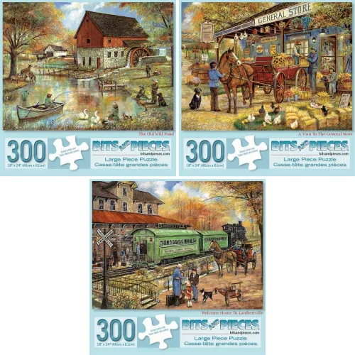 Bits and Pieces Juego de tres rompecabezas grandes de 300 piezas para adultos - Rompecabezas diseñados por el artista Ruane Manning, tamaño del